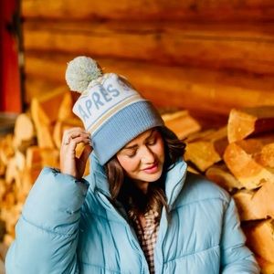 Light Blue Pom Beanie Hat - Women's Winter Knit